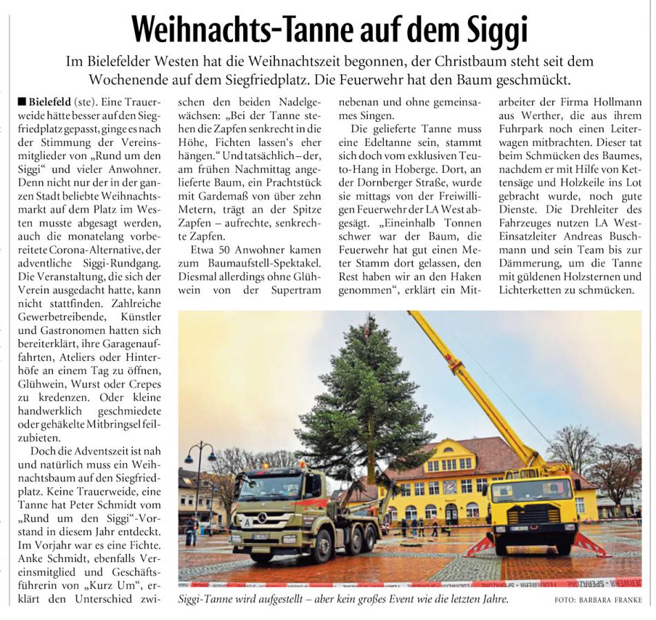 Neue Westfälische am 23.11.2020 - Weihnachts-Tanne auf dem Siggi